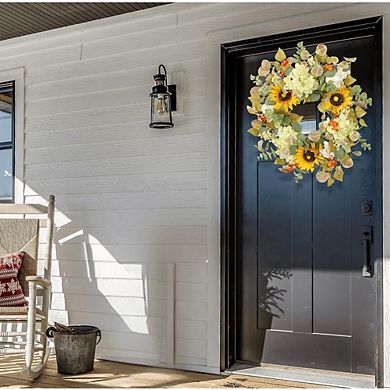 20 Inch Sunflower and Hydrangea Wreath with Eucalyptus and Orange Berries, Farmhouse Front Decor