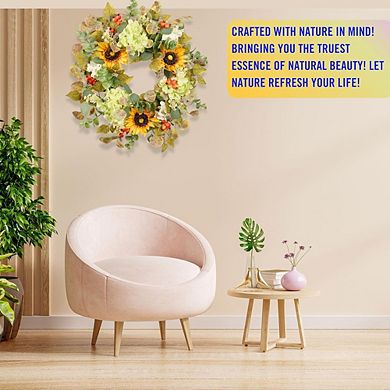 20 Inch Sunflower and Hydrangea Wreath with Eucalyptus and Orange Berries, Farmhouse Front Decor