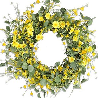 22" Daisy Wildflower Wreath with Green Leaves for Front Door and Home Décor