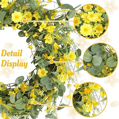22" Daisy Wildflower Wreath with Green Leaves for Front Door and Home Décor