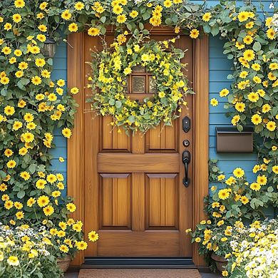 22" Daisy Wildflower Wreath with Green Leaves for Front Door and Home Décor