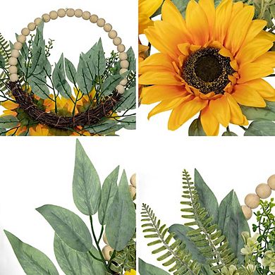 Artificial Sunflower Eucalyptus Wood Bead Wreaths, 2-Pack Farmhouse Decor
