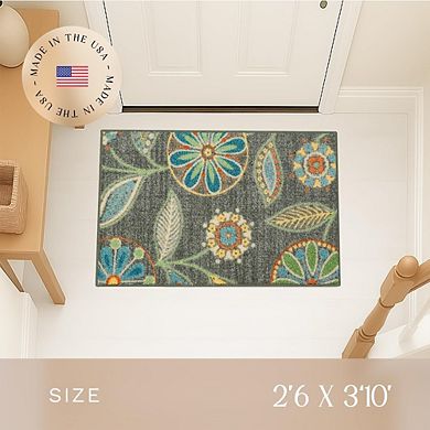 Dark Grey Floral Kitchen Rug, Washable Non-Slip Indoor Carpet