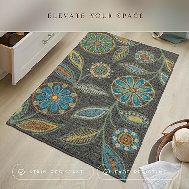 Dark Grey Floral Kitchen Rug, Washable Non-Slip Indoor Carpet