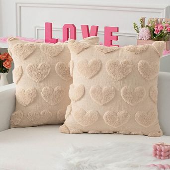 Heart Love Faux Fur Pillow Covers 18x18 Inch Set of 2 Valentine Decor