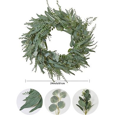 24" Eucalyptus & Willow Wreath for Front Door, Spring Greenery Wall Decor
