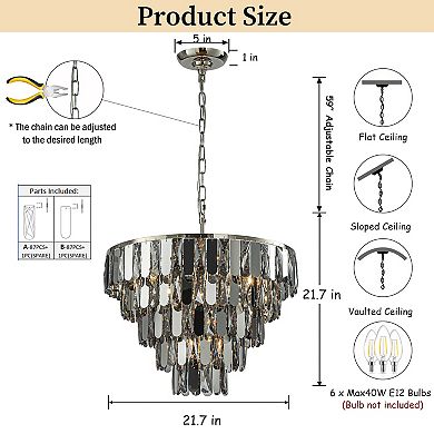 6-Light Dimmable 5-Tier Smoked Crystal Chandelier 22" Modern Pendant Light Fixture