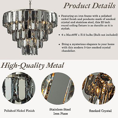 6-Light Dimmable 5-Tier Smoked Crystal Chandelier 22" Modern Pendant Light Fixture
