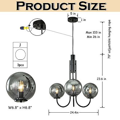 Modern Glam 3-Light 25'' Bubble Chandelier with Smoked Hand-Blown Glass Globes, Black Sputnik Design