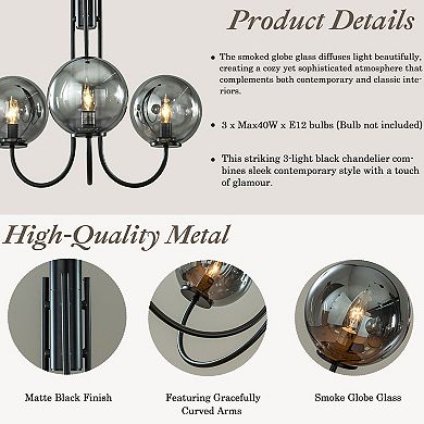 Modern Glam 3-Light 25'' Bubble Chandelier with Smoked Hand-Blown Glass Globes, Black Sputnik Design