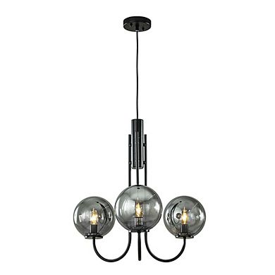 Modern Glam 3-Light 25'' Bubble Chandelier with Smoked Hand-Blown Glass Globes, Black Sputnik Design