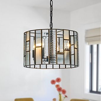 4-Light Modern Matte Black Drum Glam Chandelier Art Glass Pendant for Dinning Room