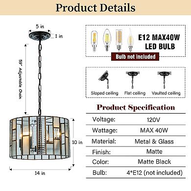 4-Light Modern Matte Black Drum Glam Chandelier Art Glass Pendant for Dinning Room