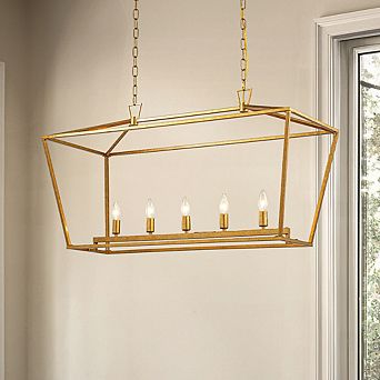 5-Light 39'' Modern Industrial Matte Gold Linear Lantern Geometric Chandelier Rectangle Cage Light F