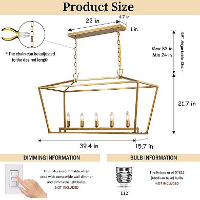 5-Light 39'' Modern Industrial Matte Gold Linear Lantern Geometric Chandelier Rectangle Cage Light F