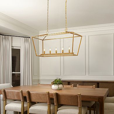 5-Light 39'' Modern Industrial Matte Gold Linear Lantern Geometric Chandelier Rectangle Cage Light F