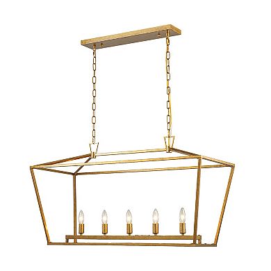5-Light 39'' Modern Industrial Matte Gold Linear Lantern Geometric Chandelier Rectangle Cage Light F
