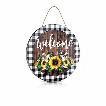 12" Sunflower Welcome Sign, Wooden Spring Wreath for Front Door, Farmhouse Porch Decor