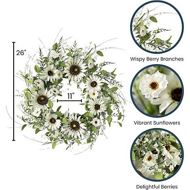 26 Inch Artificial Sunflower and Berry Spring Wreath for Front Door Decor