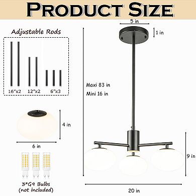 3-Light 20'' Matte Black Century Modern Opal Glass Chandelier Classic Globe Pendant Light