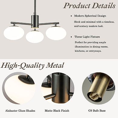3-Light 20'' Matte Black Century Modern Opal Glass Chandelier Classic Globe Pendant Light