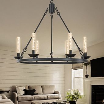 26'' 6-Light Transitional Black LED Chandelier With Unique Bubble Tube Round Modern Farmhouse Candle