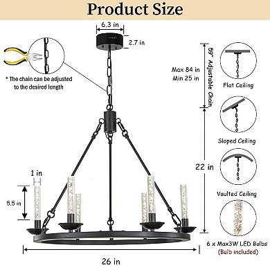 26'' 6-Light Transitional Black LED Chandelier With Unique Bubble Tube Round Modern Farmhouse Candle