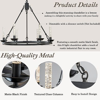 26'' 6-Light Transitional Black LED Chandelier With Unique Bubble Tube Round Modern Farmhouse Candle