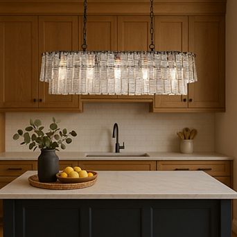 5-Light 39'' Matte Black Rectangle Elegant Ribbed Glass Chandelier Vintage Art Glass Pendant Light F