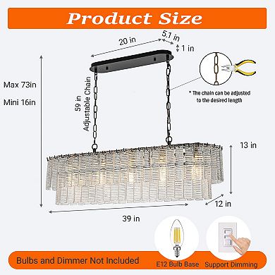 5-Light 39'' Matte Black Rectangle Elegant Ribbed Glass Chandelier Vintage Art Glass Pendant Light