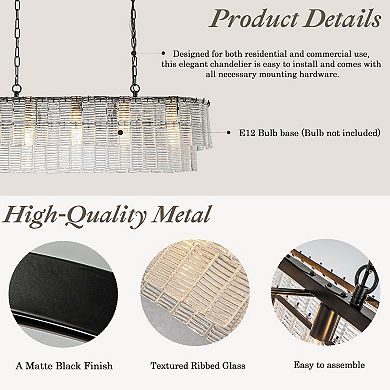 5-Light 39'' Matte Black Rectangle Elegant Ribbed Glass Chandelier Vintage Art Glass Pendant Light