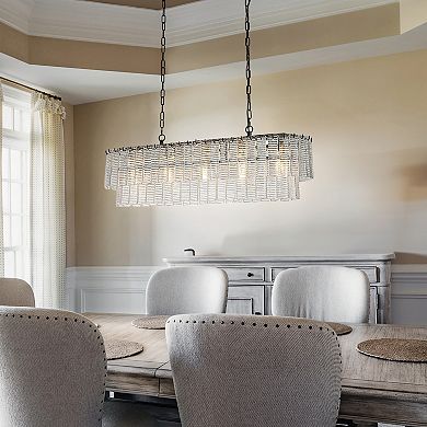 5-Light 39'' Matte Black Rectangle Elegant Ribbed Glass Chandelier Vintage Art Glass Pendant Light