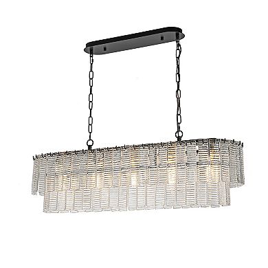 5-Light 39'' Matte Black Rectangle Elegant Ribbed Glass Chandelier Vintage Art Glass Pendant Light