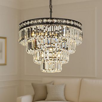 18'' Modern Classic Crystal Chandelier With Matte Black Finish 4-Light Tiered Pendant Ceiling Light