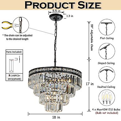 18'' Modern Classic Crystal Chandelier With Matte Black Finish 4-Light Tiered Pendant Ceiling Light