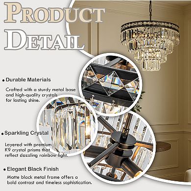 18'' Modern Classic Crystal Chandelier With Matte Black Finish 4-Light Tiered Pendant Ceiling Light