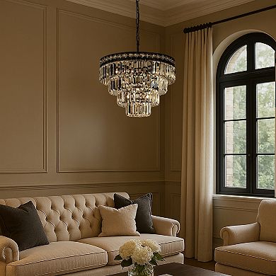18'' Modern Classic Crystal Chandelier With Matte Black Finish 4-Light Tiered Pendant Ceiling Light