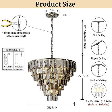 28" 12-Light Dimmable 7-Tier Smoked Crystal Chandelier Large Modern Luxury Pendant Light