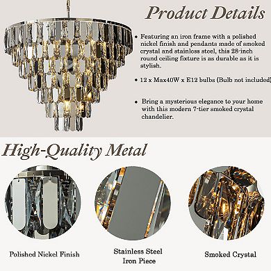 28" 12-Light Dimmable 7-Tier Smoked Crystal Chandelier Large Modern Luxury Pendant Light