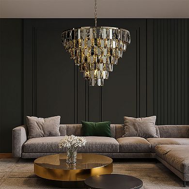 28" 12-Light Dimmable 7-Tier Smoked Crystal Chandelier Large Modern Luxury Pendant Light