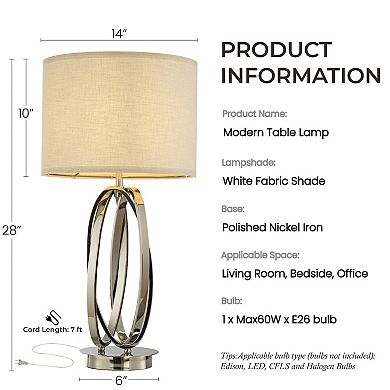 28'' Elegant Modern Polished Nickel Metal Table Lamp With Ivory Fabric Drum Shade