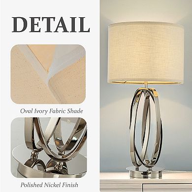 28'' Elegant Modern Polished Nickel Metal Table Lamp With Ivory Fabric Drum Shade