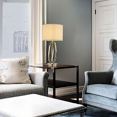 28'' Elegant Modern Polished Nickel Metal Table Lamp With Ivory Fabric Drum Shade