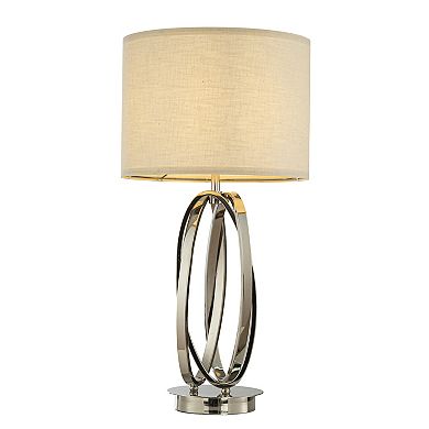 28'' Elegant Modern Polished Nickel Metal Table Lamp With Ivory Fabric Drum Shade