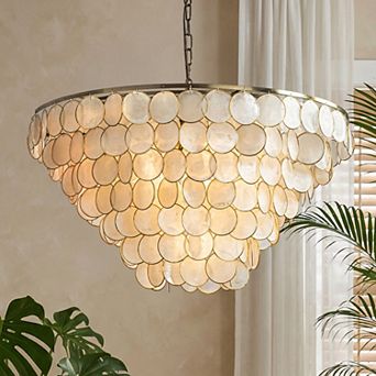 7-Light 30'' Modern Coastal Aged Bronze Natural Capiz Shell Tiered Chandelier Vintage Glam Pendant L