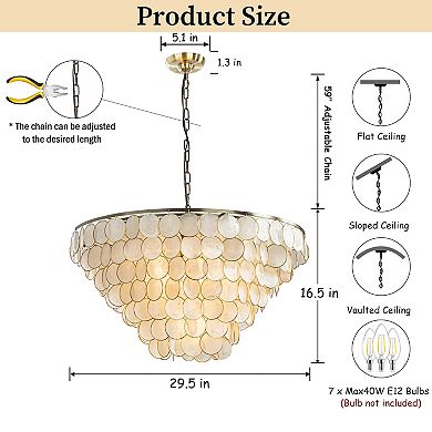 7-Light 30'' Modern Coastal Aged Bronze Natural Capiz Shell Tiered Chandelier Vintage Glam Pendant