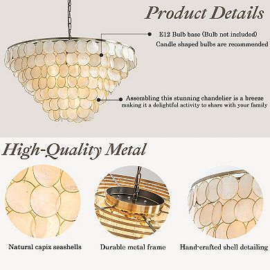 7-Light 30'' Modern Coastal Aged Bronze Natural Capiz Shell Tiered Chandelier Vintage Glam Pendant