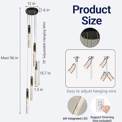 12'' Modern 5-Light Seeded Bubble Glass Cluster Integrated LED Staircase Chandelier Dimmable Pendant