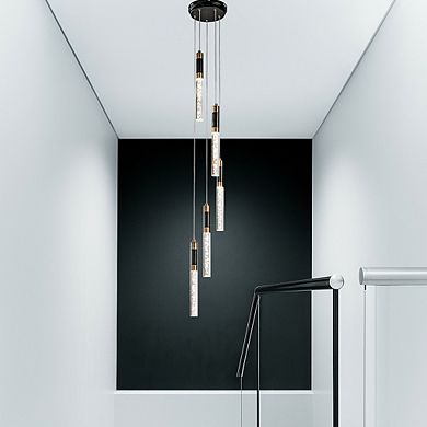 12'' Modern 5-Light Seeded Bubble Glass Cluster Integrated LED Staircase Chandelier Dimmable Pendant