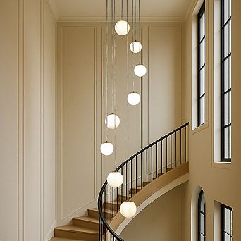 18'' 8-Light Modern White Opal Glass Staircase Chandelier Globe Bubble Glass Pendant In Matte Black